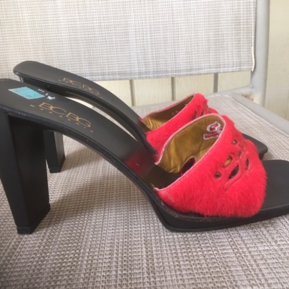 BCBGMaxAzria Shoes - BCBG MaxAzria Black Red Hair Square Toe Slides Heels 90's